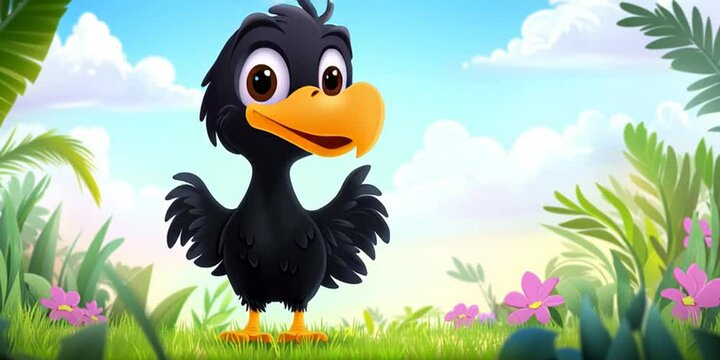 2D animation cartoon extinct dodo bird recreated using artificial intelligence in its natural habitat
