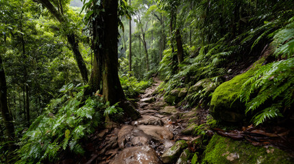 Fototapeta premium Rain-drenched jungle trail meanders through Sumatra
