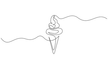 Continuous one line drawing of Ice cream gelato. Ice cream with cone in single line draw illustration, Ice cream on a stick and in a waffle cone in one continuous pattern. 