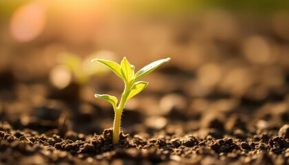 A Close-Up View of a Young Plant Sprout in the Earth with Sunlight