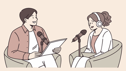 Two people in chairs with microphones discussing a topic isolated on white background