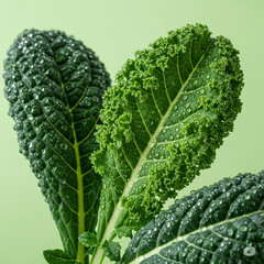 A close up of fresh kale leaves glistening with water droplets against a soft green background shade