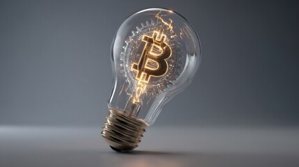 A glowing light bulb with a bitcoin symbol inside on a gray background