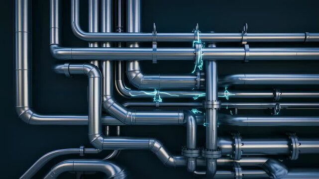 Complex system of metal pipes with visible blue electrical discharges and energy flows, representing advanced industrial processes or data transmission, high-tech energy transfer concept