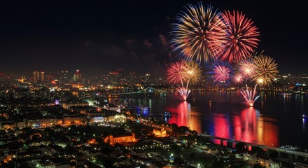 Fototapeta premium City skyline at night illuminated by fireworks display over the river
