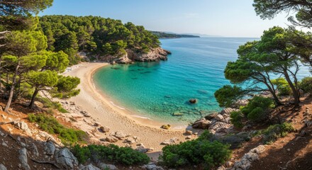 A stunning cove with crystal-clear turquoise waters, sandy beach, and lush green trees under sunny skies