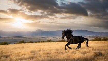 majestic black horse galloping on empty road under dramatic cloudy sky