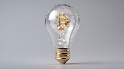 Bitcoin sign inside a light bulb, 3D rendering, highlighted on a gray background