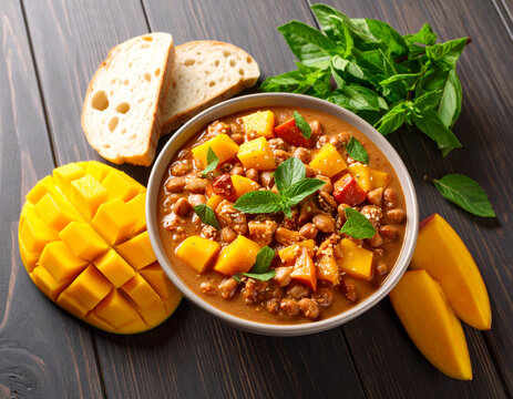 A steaming bowl of Gambian domoda (peanut stew) served beside fresh bread and sliced mangoes.