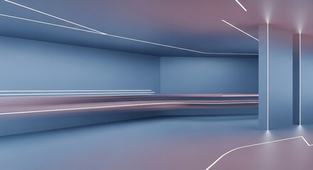 Abstract architectural render featuring a blue and pink gradient room with illuminated white lines highlighting the structure's edges and surfaces.