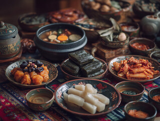 Korean Chuseok celebration food on traditional plates