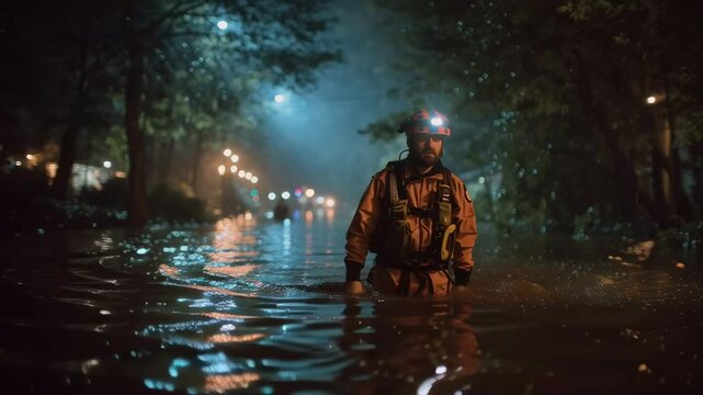 A rescue worker, illuminated by a distant flashlight beam, wading through dark floodwaters at night, searching for stranded residents, emphasizing night operations, eerie, cinematic,