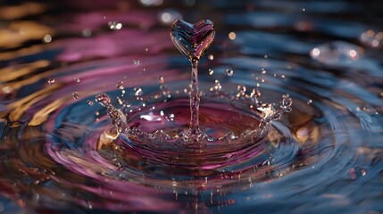 A falling drop of water in the shape of a heart. Splash effect, when falling drops collide with the surface of the water
