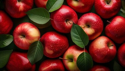 red apples with green leaves overhead shot