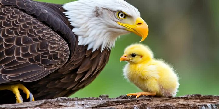 American bald eagle mother with baby bird chick