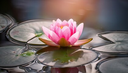 single pink flower in bloom on lily pad