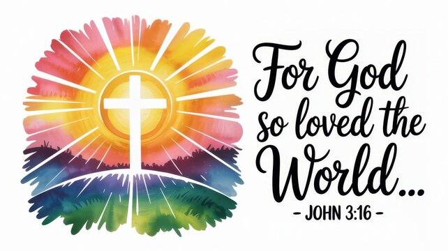 For God so Loved the World Watercolor Illustration Featuring a Christian Cross