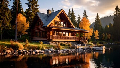 Fototapeta premium Rustic log cabin by a lake at sunset
