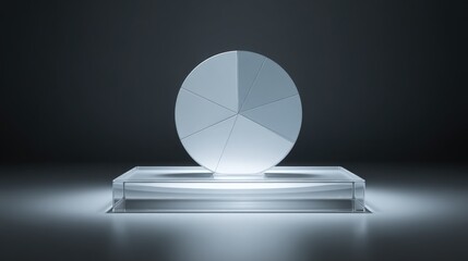 Photo of a sleek, silver pie chart on a glass pedestal visualizes data and analytics, representing business strategy and financial information