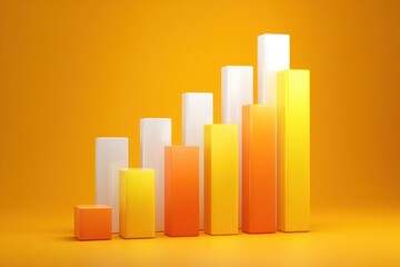 Photo of a vibrant bar graph with ascending columns in shades of orange, yellow, and white against a solid orange backdrop illustrates business growth and statistical analysis