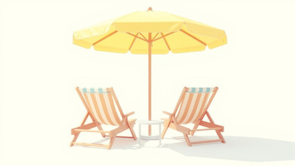 Two empty deckchairs and small round table standing under yellow beach umbrella on white sand against white background, concept of summer vacation