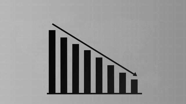 Declining bar graph with a downward-sloping arrow, representing a decrease or recession in business or financial metrics. Falling Chart with Arrow Animation, Animated Financial Crisis Chart
