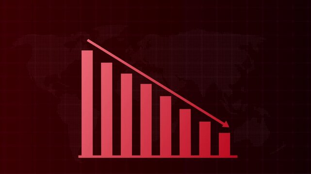 Declining bar graph with a downward-sloping arrow, representing a decrease or recession in business or financial metrics. Falling Chart with Arrow Animation, Animated Financial Crisis Chart
