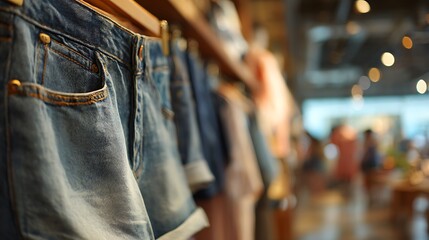 Fototapeta premium Denim shorts displayed right, summer store blurred, left for logo 