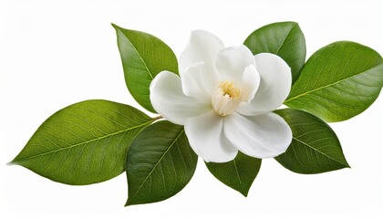 white flower with green leaves on a clean background generative ai