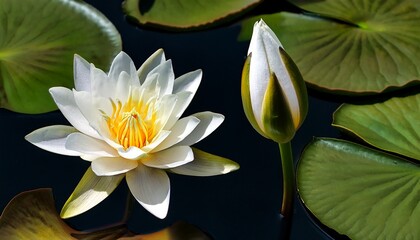 white water lilies are seen in this photo with a bud