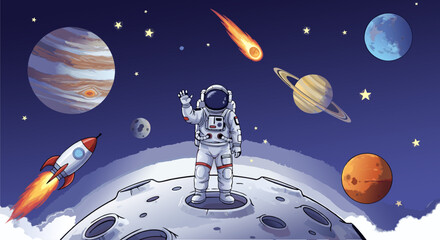 Illustration presents an astronaut standing on the moon, surrounded by planets, stars, and a rocket in space. © ROBERTO MANUT