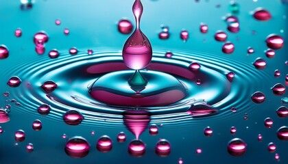 a large glossy water droplet with vibrant pink and turquoise colors and smaller matching droplets surrounding it