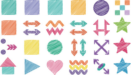 Hand drawn colorful geometric shapes set doodle arrows hearts stars squares circles zigzag abstract cartoon elements sketch style vector illustration