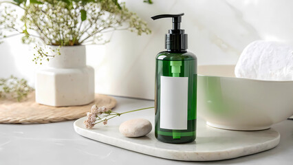 Green bottle with pump dispenser for shampoo or soap product photography and flower vase on marble tray