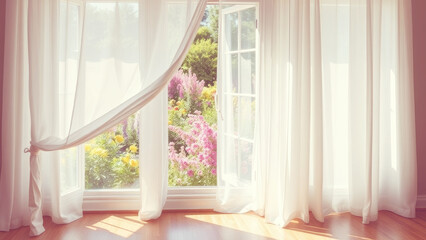 Soft sunlight filtering through gauzy curtains, revealing lush garden bathed in warm morning glow