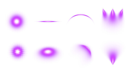 Collection of glowing purple light effects and abstract energy bursts png, spotlight,  water wave, dome,  ripple light.