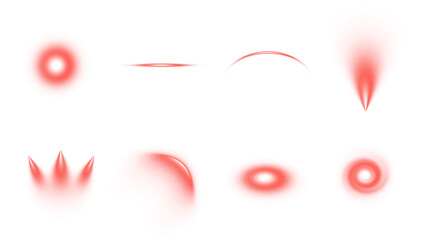 Collection of red light effects and flares on transparent background, spotlight,  water wave, dome,  ripple light.