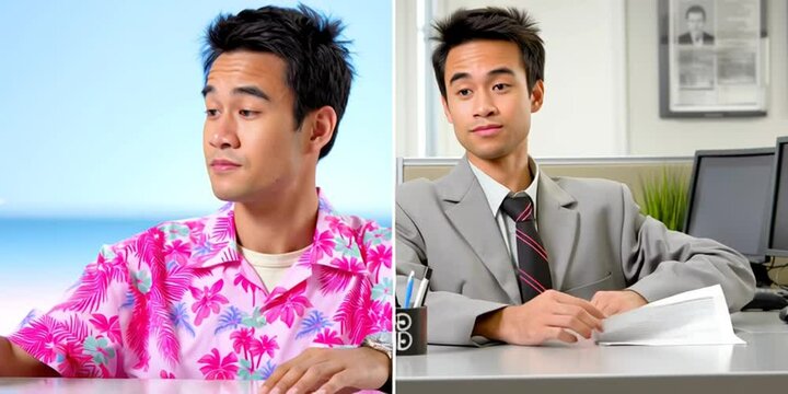 Splitscreen video of an asian man - on the left he is on summer vacation on the beach with hawaiian shirt. On the right he is in a corporate business office with professional suit
