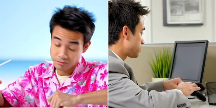 Splitscreen video of an asian man - on the left he is on summer vacation on the beach with hawaiian shirt. On the right he is in a corporate business office with professional suit