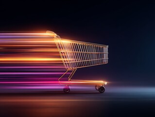 Golden shopping cart streaks with vibrant light trails on a dark background
