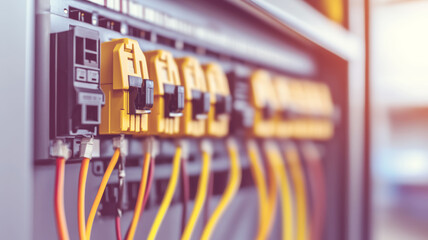 Electrical panel with labeled circuit breakers and organized wires ensuring safety and proper power distribution in a minimalist setting