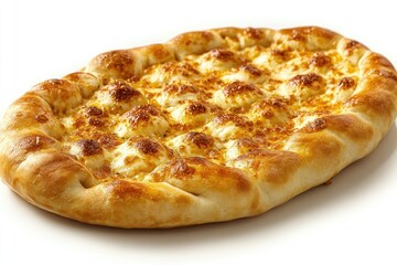 Golden Crust Lahmacun with Melted Cheese Topping on White Background Closeup Shot