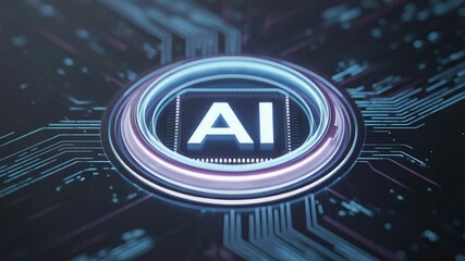 A close up of ai text inside a glowing circle surrounded by circuit board like lines in blue hues