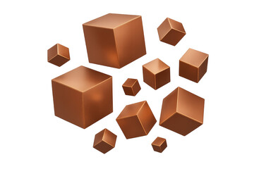 Copper cubes of different sizes are floating on a transparent background, creating a dynamic and modern composition