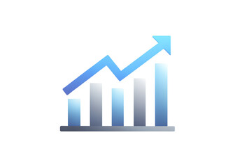 Growing bar chart with blue arrow indicates upward trend on transparent background