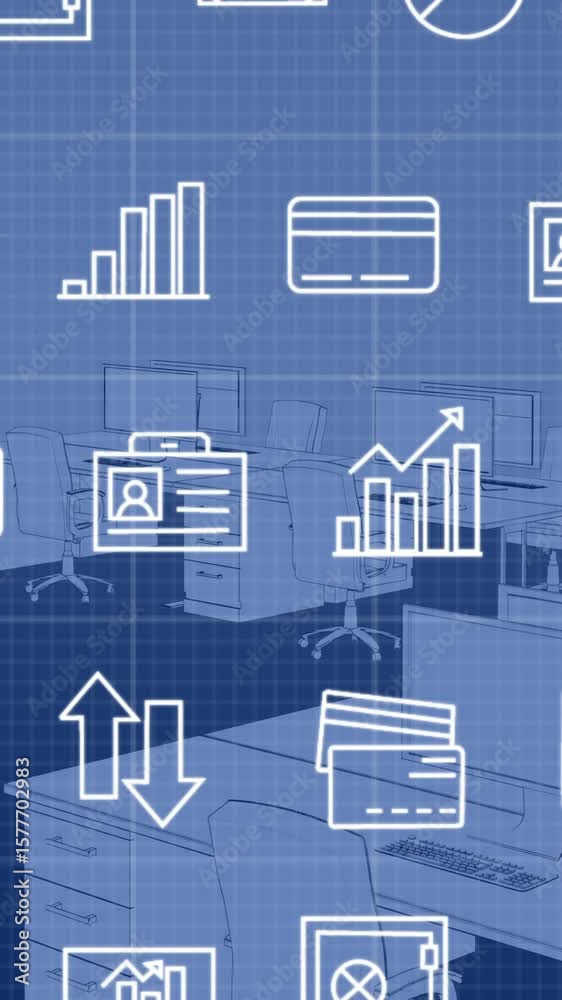 Poster animation of multiple icons and grid pattern over 3d model of digital workspace in office