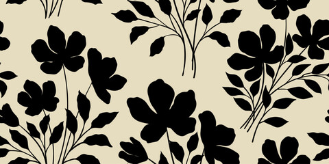 Leaves branch and Hand Drawn doodle Scribble floral plants banner. seamless pattern. Creative minimalist Abstract art background. Design wall decoration, postcard, poster and brochure