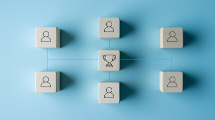 Team Achievement and Recognition, Connected People and Trophy Symbolizing Success and Excellence, Business Wooden Cubes