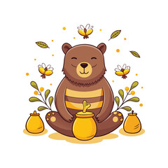Cute Meditating Bear with Bees Flying Around Honey Pot. Peaceful Animal Character Illustration in Vector Style on White Background for Kids and Nature Themes. 