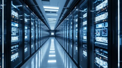 A minimalist corridor in a data hall with illuminated AI servers reflects the power of modern cloud technology, seamless networking, and digital infrastructure. 4k video - Powered by Adobe